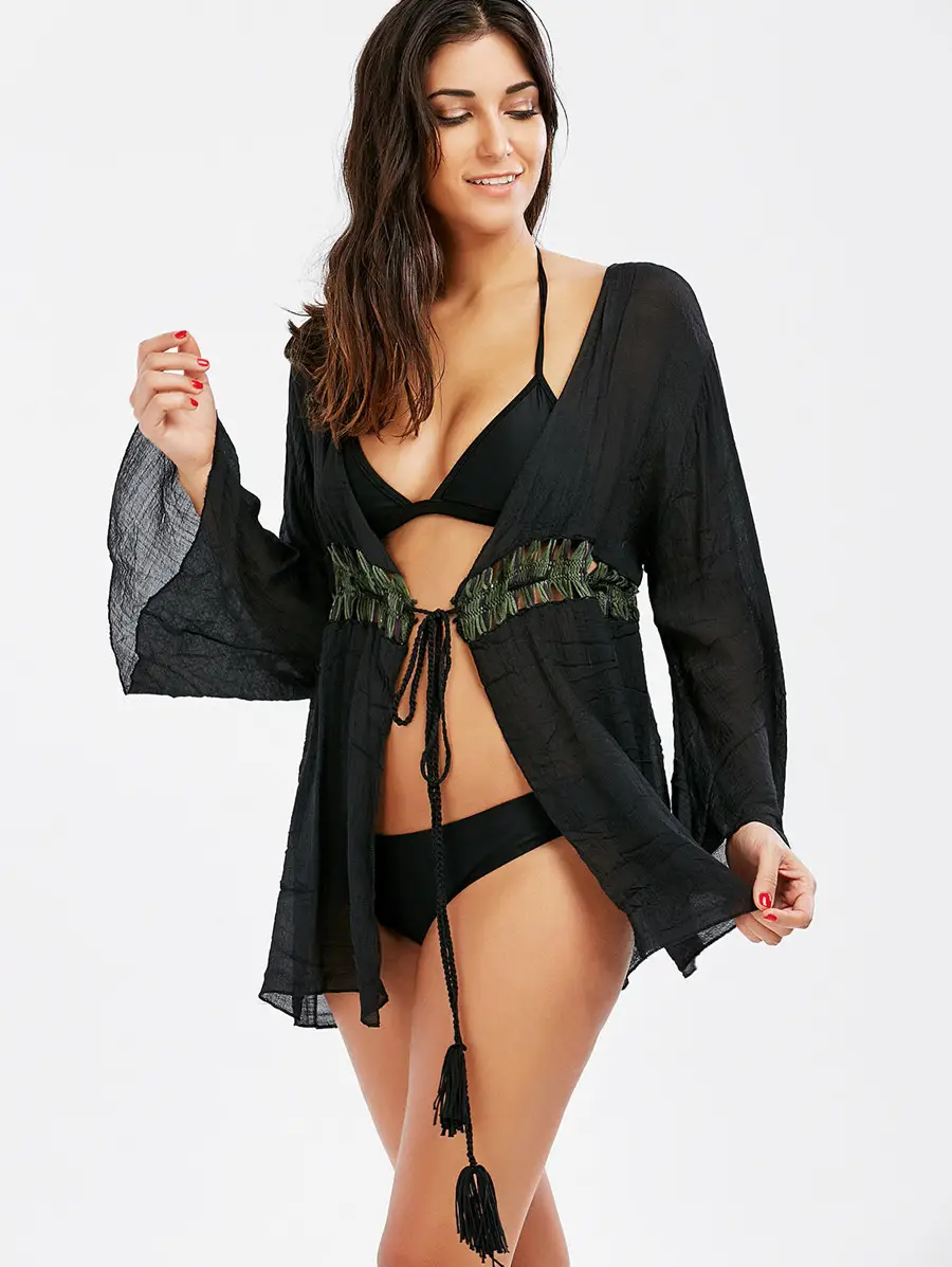 Black Hollow Outfit with Cardigan & Tassel Sleeve