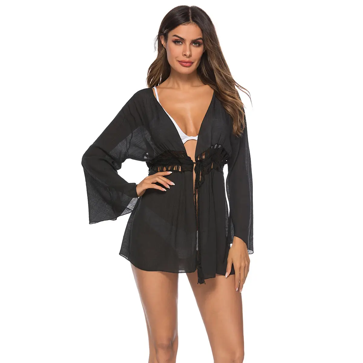 Black Hollow Outfit with Cardigan & Tassel Sleeve