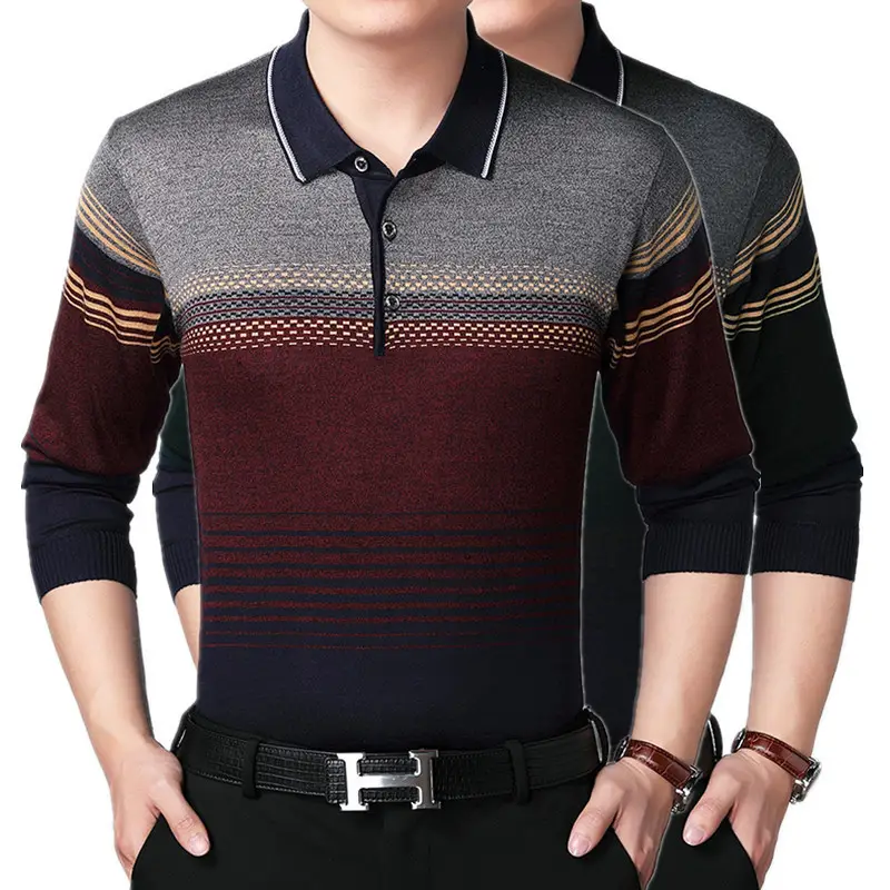 Men's Knitted Lapel T-Shirt Maroon Grey Striped - Image 24