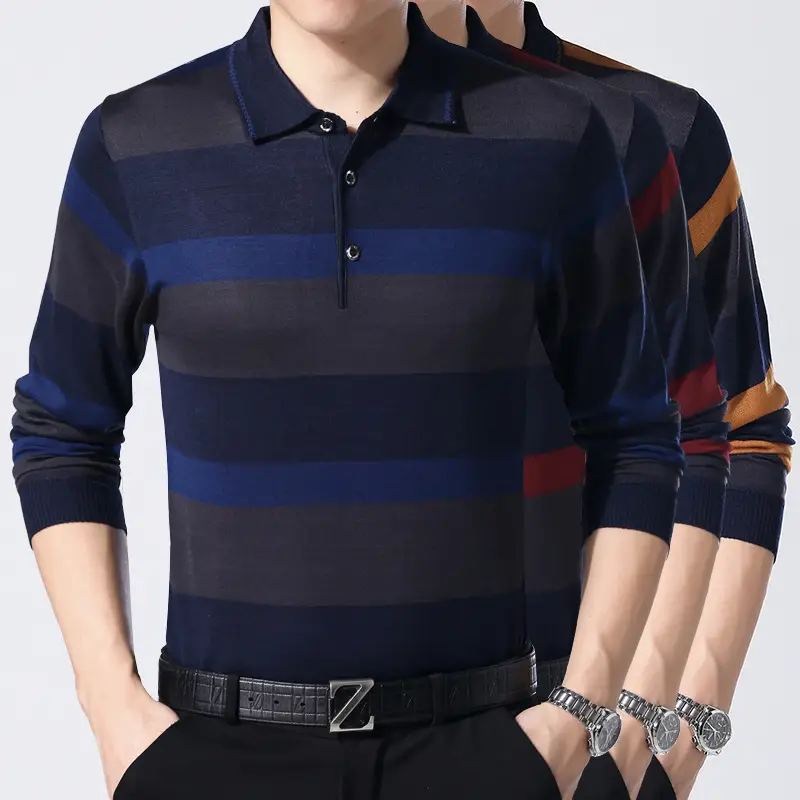 Men's Knitted Lapel T-Shirt Maroon Grey Striped - Image 25