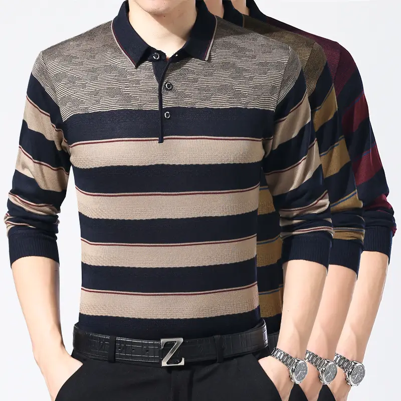 Men's Knitted Lapel T-Shirt Maroon Grey Striped - Image 26