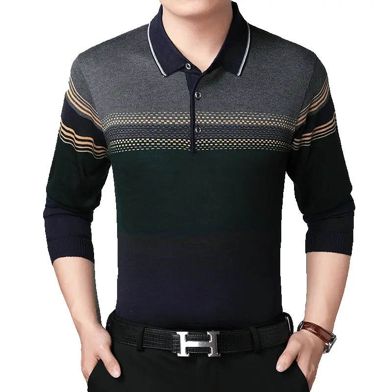 Men's Knitted Lapel T-Shirt Maroon Grey Striped - Image 27