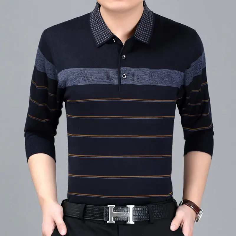 Men's Knitted Lapel T-Shirt Maroon Grey Striped - Image 10