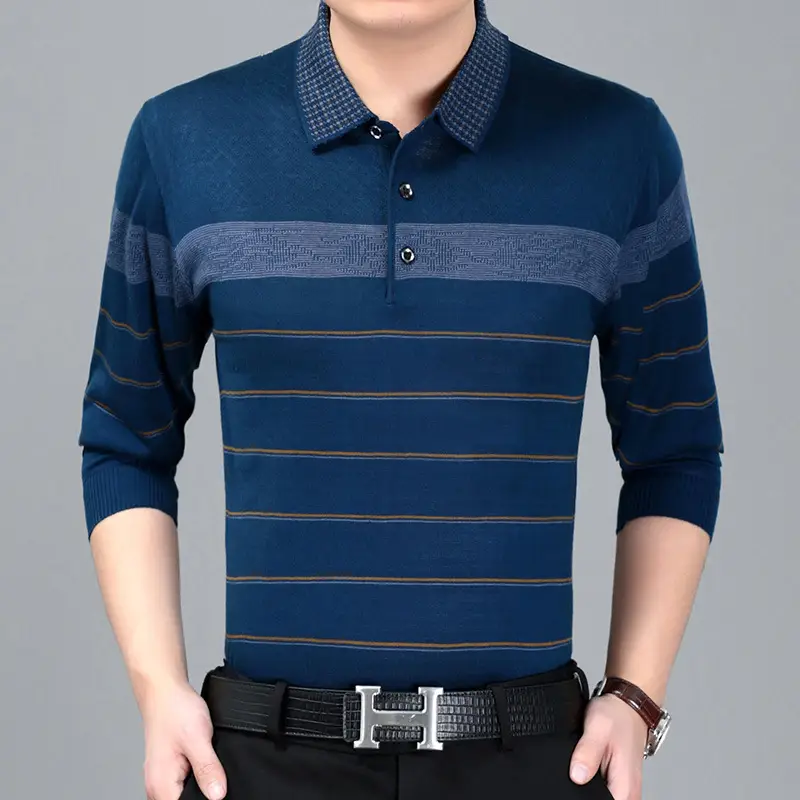 Men's Knitted Lapel T-Shirt Maroon Grey Striped - Image 11