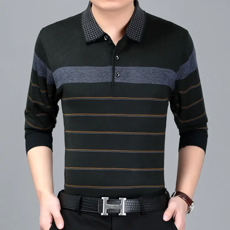 Men's Knitted Lapel T-Shirt Maroon Grey Striped - Image 12