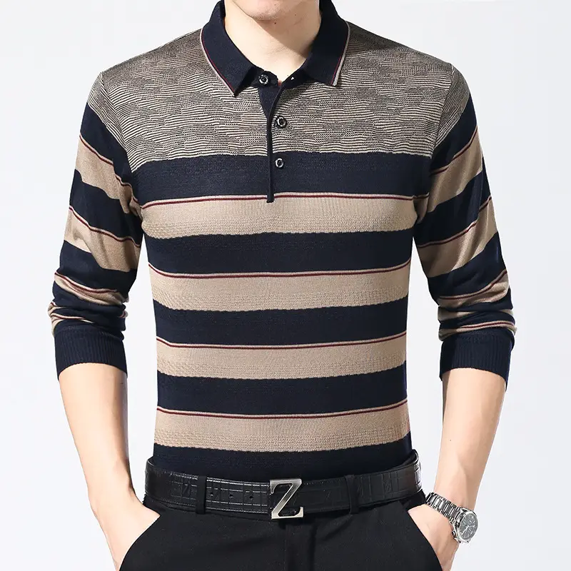 Men's Knitted Lapel T-Shirt Maroon Grey Striped - Image 13