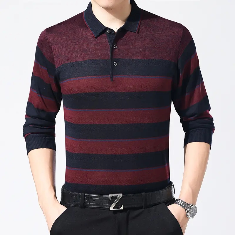 Men's Knitted Lapel T-Shirt Maroon Grey Striped - Image 14
