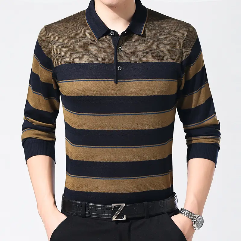 Men's Knitted Lapel T-Shirt Maroon Grey Striped - Image 15