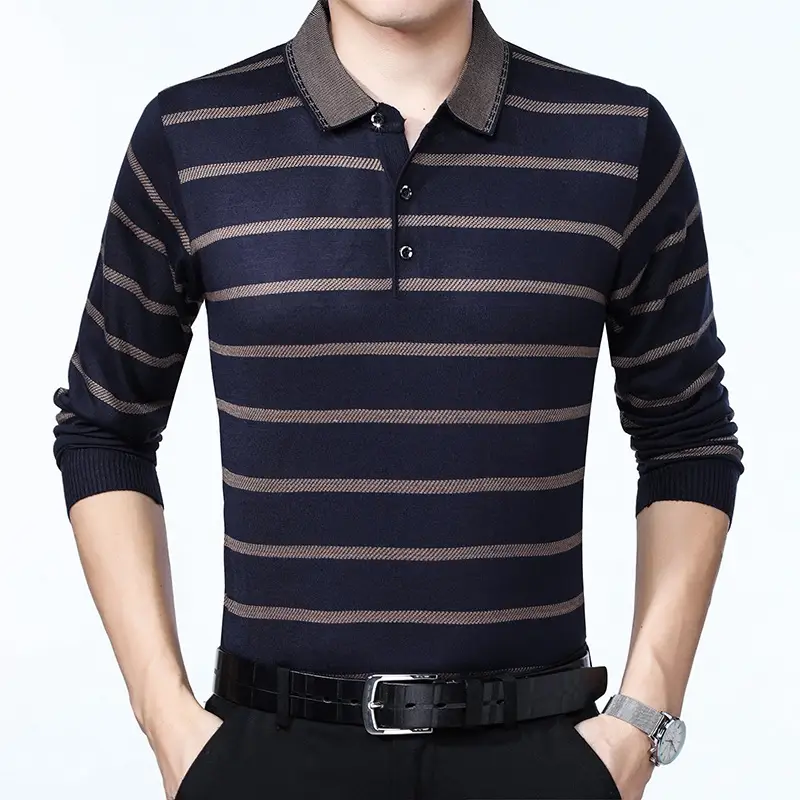 Men's Knitted Lapel T-Shirt Maroon Grey Striped - Image 16