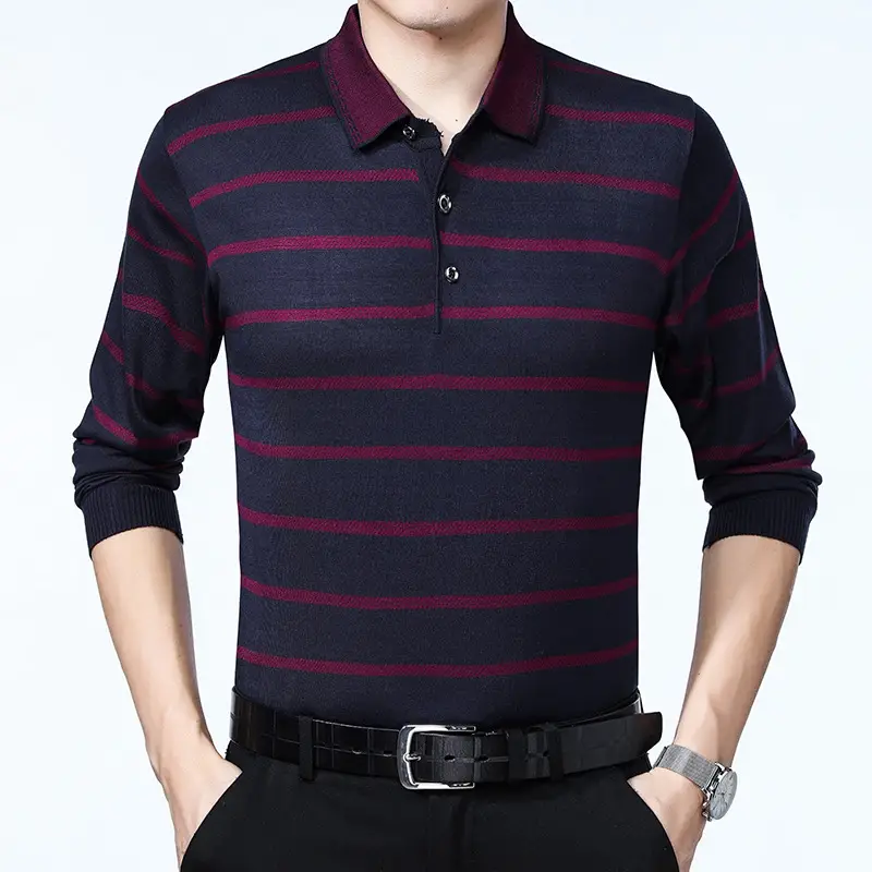 Men's Knitted Lapel T-Shirt Maroon Grey Striped - Image 17