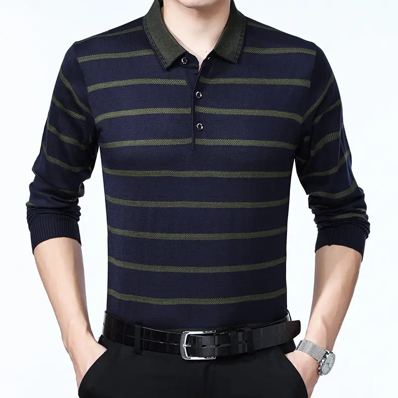 Men's Knitted Lapel T-Shirt Maroon Grey Striped - Image 18