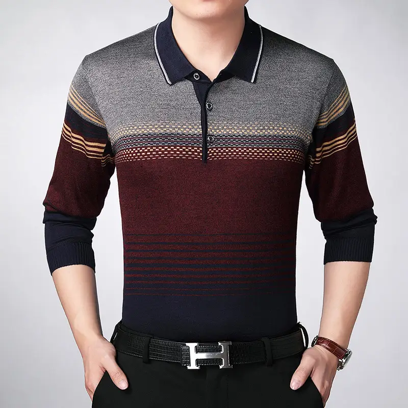 Men's Knitted Lapel T-Shirt Maroon Grey Striped - Image 2