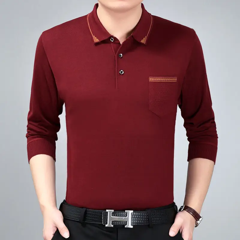 Men's Knitted Lapel T-Shirt Maroon Grey Striped - Image 21