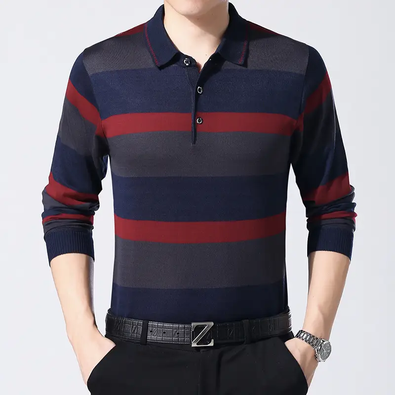 Men's Knitted Lapel T-Shirt Maroon Grey Striped - Image 3
