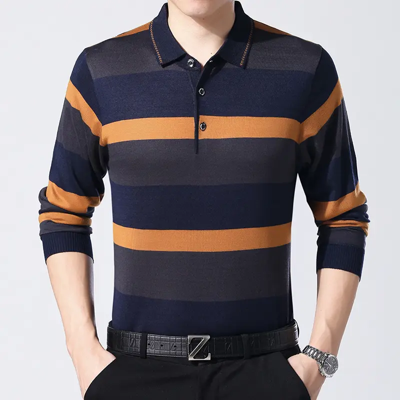 Men's Knitted Lapel T-Shirt Maroon Grey Striped - Image 4