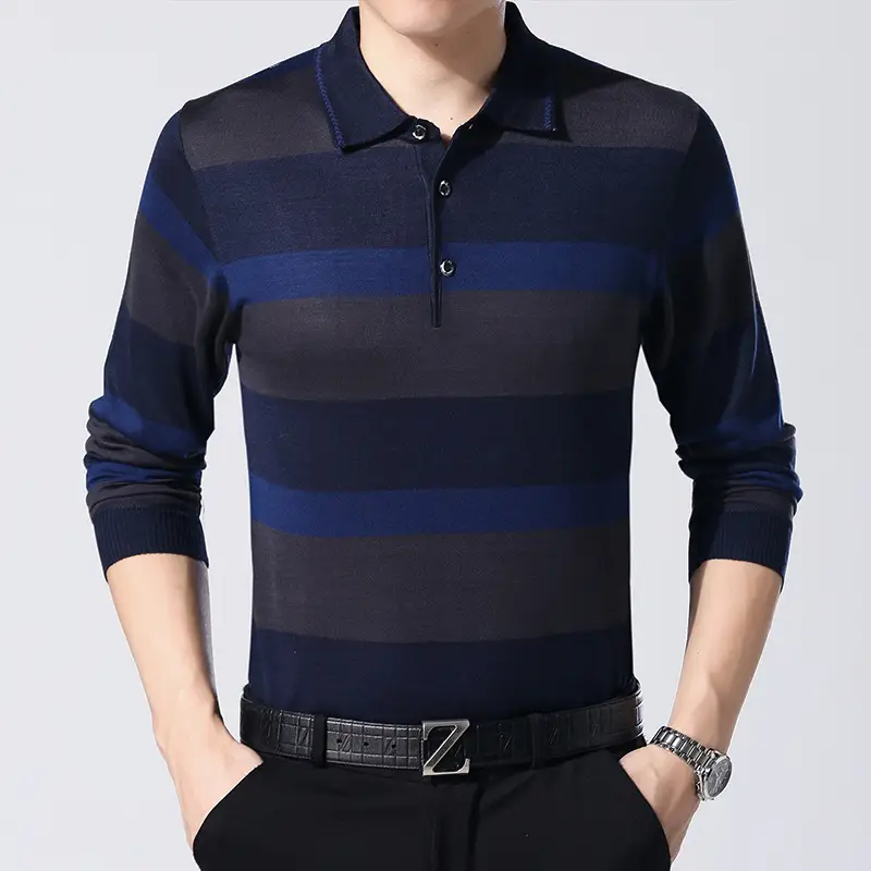 Men's Knitted Lapel T-Shirt Maroon Grey Striped - Image 5