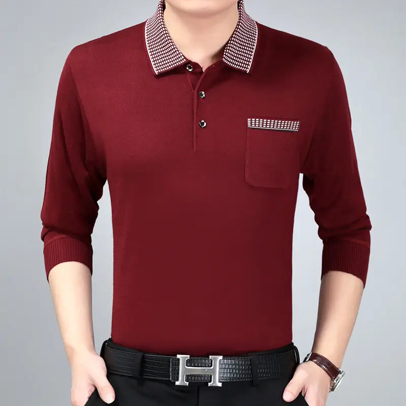 Men's Knitted Lapel T-Shirt Maroon Grey Striped - Image 7