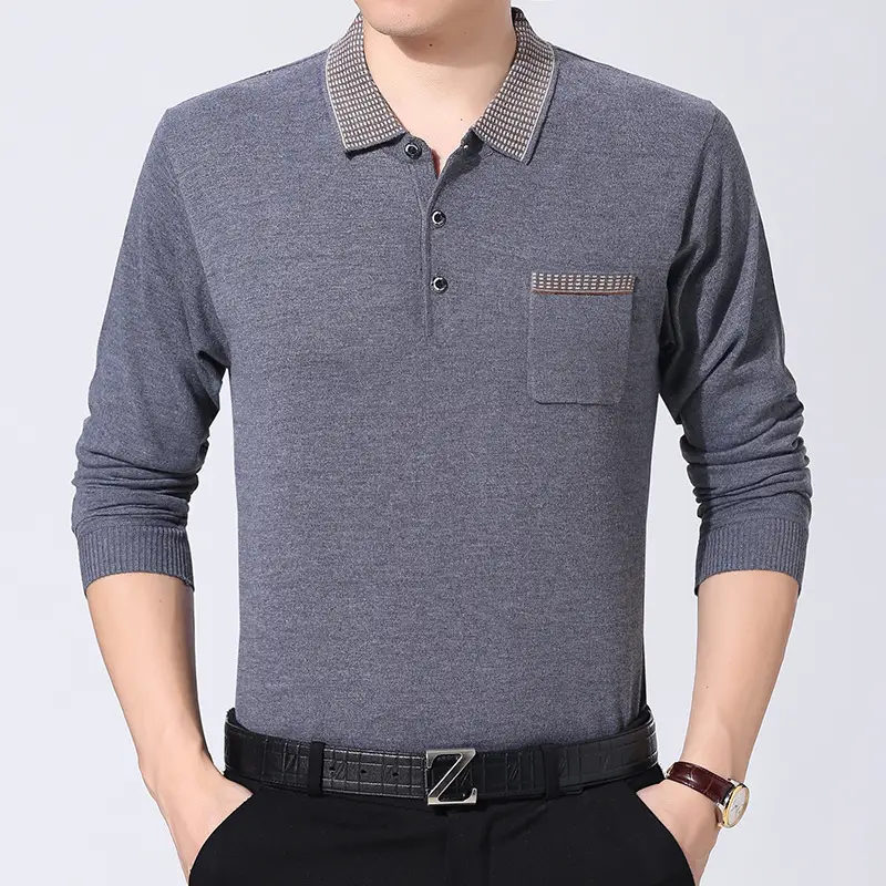 Men's Knitted Lapel T-Shirt Maroon Grey Striped - Image 9