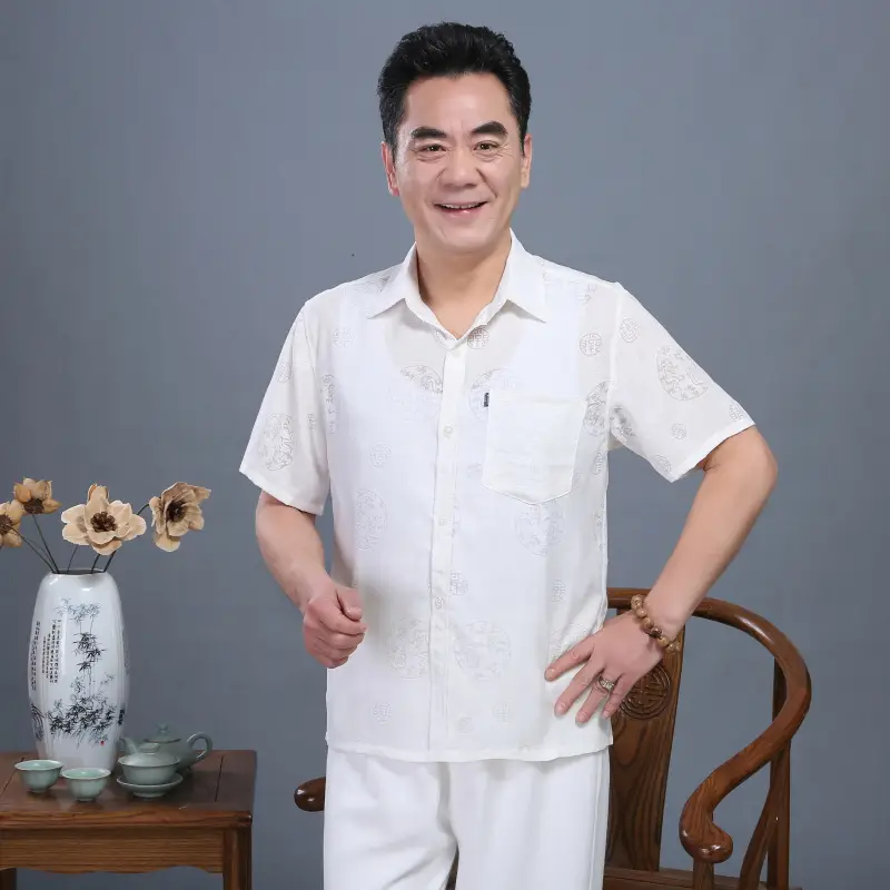 Men Linen Chinese Style Shirt Set Cream Short Sleeve - Image 10