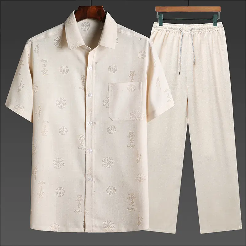 Men Linen Chinese Style Shirt Set Cream Short Sleeve - Image 2