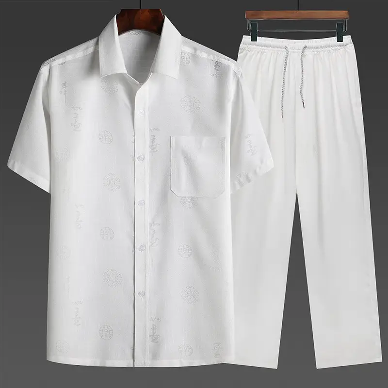 Men Linen Chinese Style Shirt Set Cream Short Sleeve - Image 3