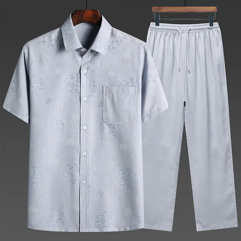 Men Linen Chinese Style Shirt Set Cream Short Sleeve - Image 4