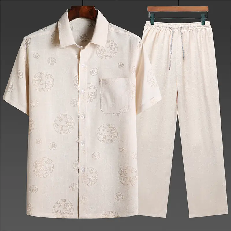 Men Linen Chinese Style Shirt Set Cream Short Sleeve - Image 5