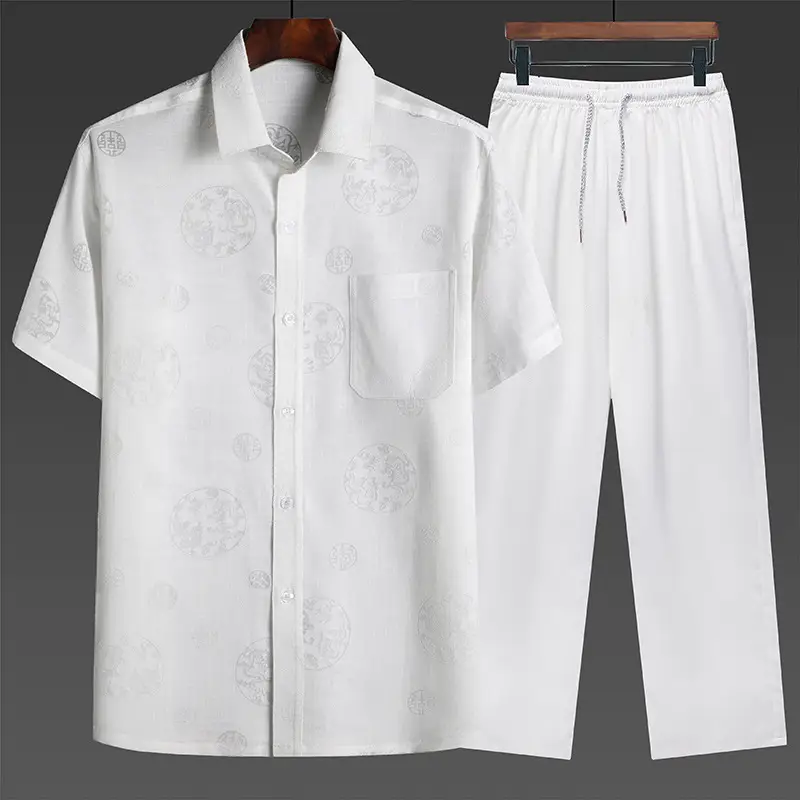 Men Linen Chinese Style Shirt Set Cream Short Sleeve - Image 6