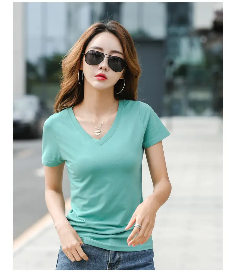Women Cotton V Neck T-Shirt Blue Slim Fit — feature 13
