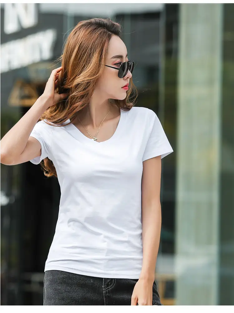 Women Cotton V Neck T-Shirt Blue Slim Fit — feature 17