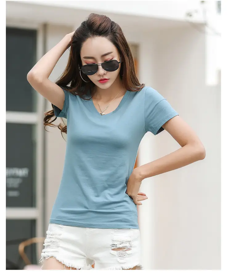 Women Cotton V Neck T-Shirt Blue Slim Fit — feature 22