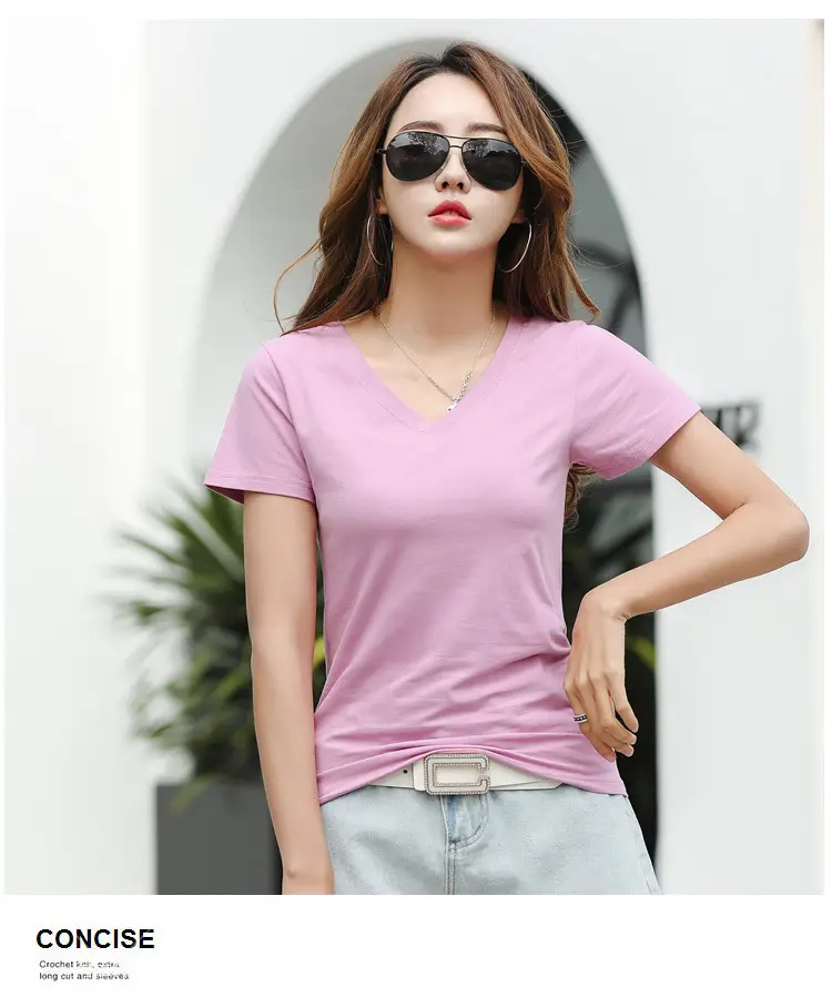 Women Cotton V Neck T-Shirt Blue Slim Fit — feature 28