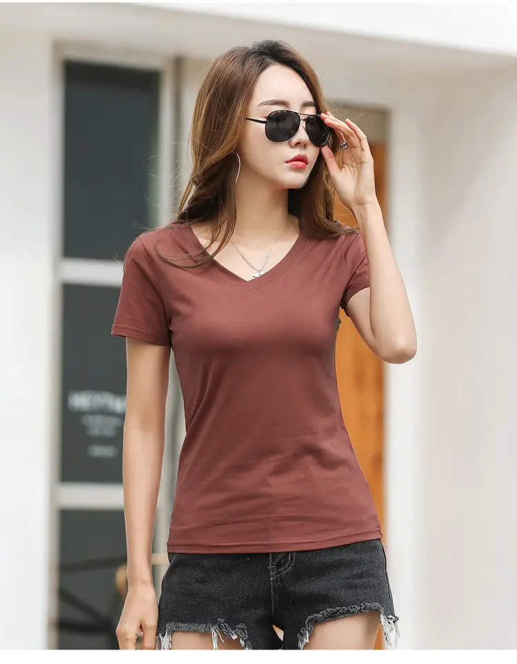 Women Cotton V Neck T-Shirt Blue Slim Fit — feature 32