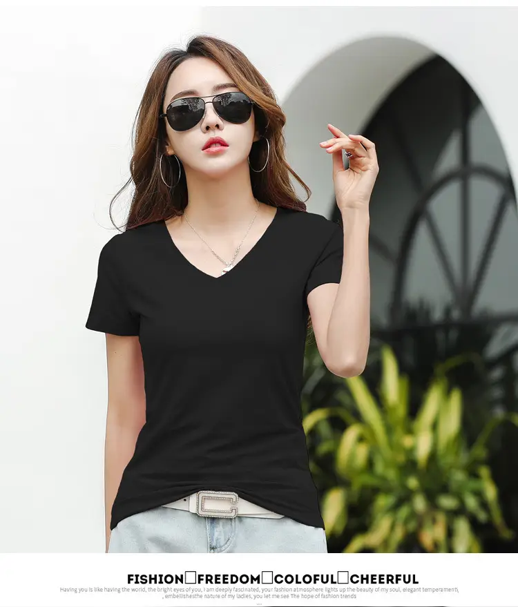 Women Cotton V Neck T-Shirt Blue Slim Fit — feature 38