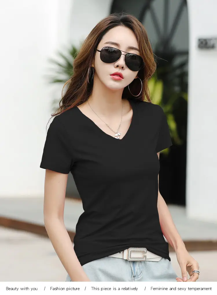 Women Cotton V Neck T-Shirt Blue Slim Fit — feature 39