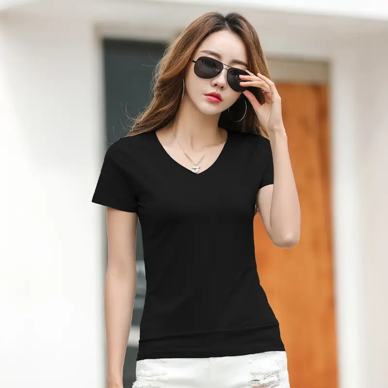 Women Cotton V Neck T-Shirt Blue Slim Fit - Image 11