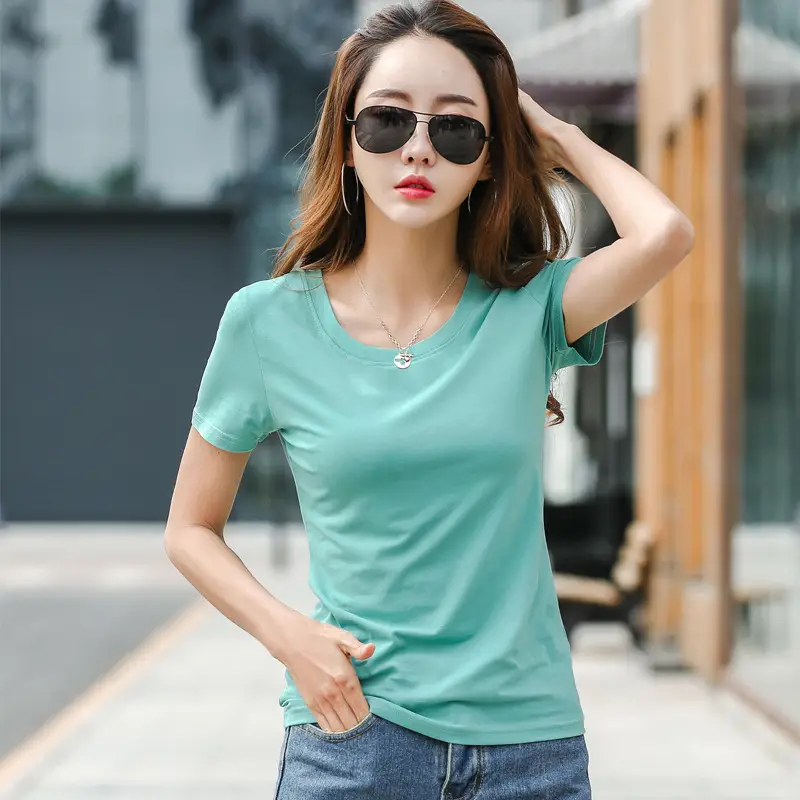 Women Cotton V Neck T-Shirt Blue Slim Fit - Image 2