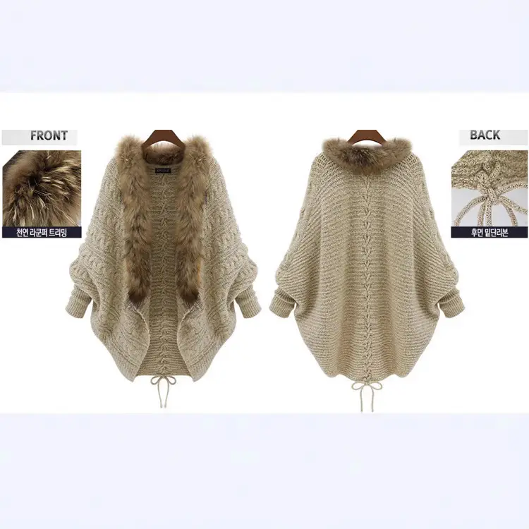 Women Knitted Fur Collar Sweater Jacket with Bat Sleeve - Image 3