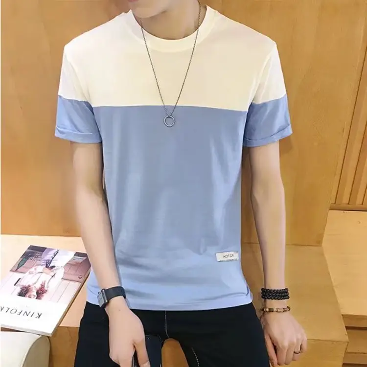Men 2019 Cotton T-Shirt Blue White Half Sleeve Round Neck - Image 5