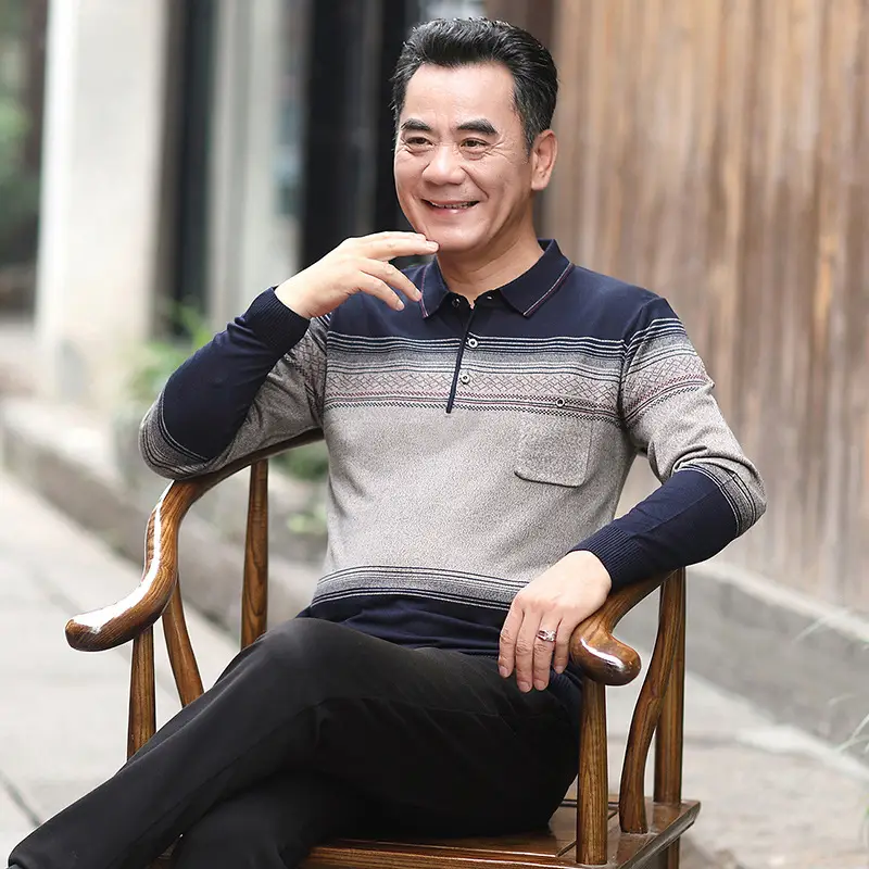 Middle-aged Men Long Sleeve Knitted T-Shirt Blue - Image 6