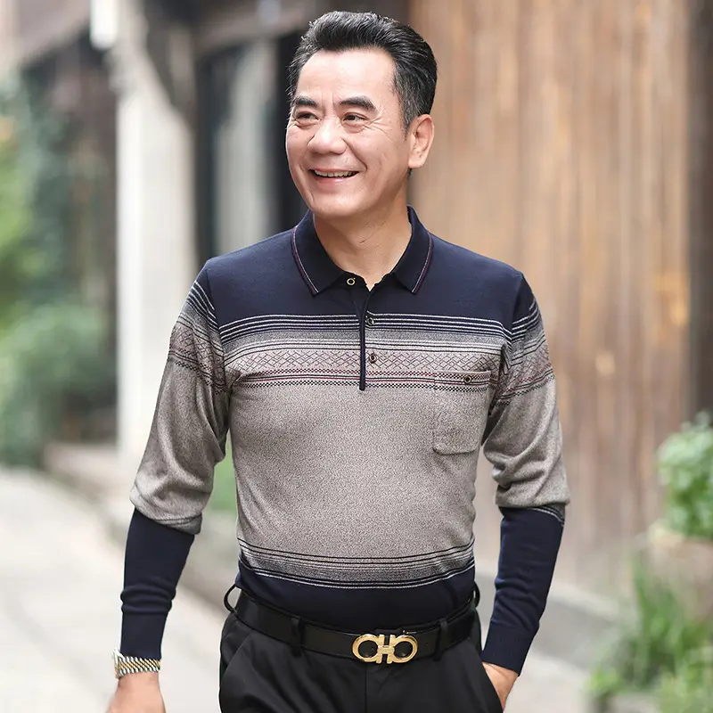 Middle-aged Men Long Sleeve Knitted T-Shirt Blue - Image 7