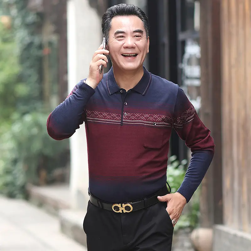 Middle-aged Men Long Sleeve Knitted T-Shirt Blue - Image 8