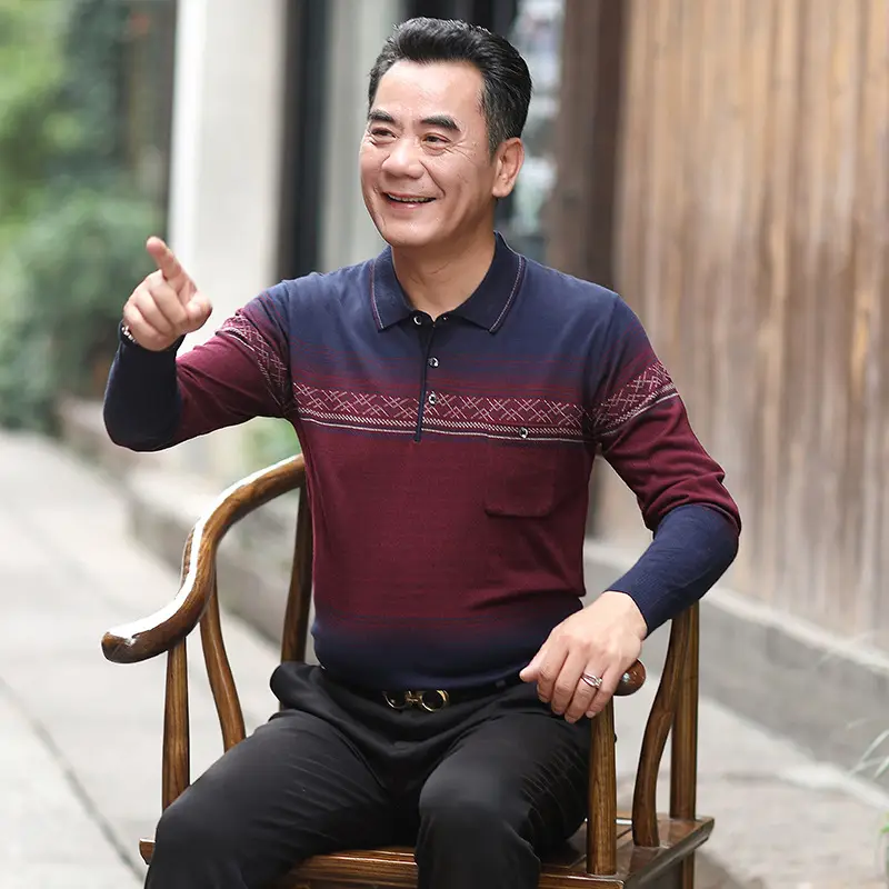 Middle-aged Men Long Sleeve Knitted T-Shirt Blue - Image 9