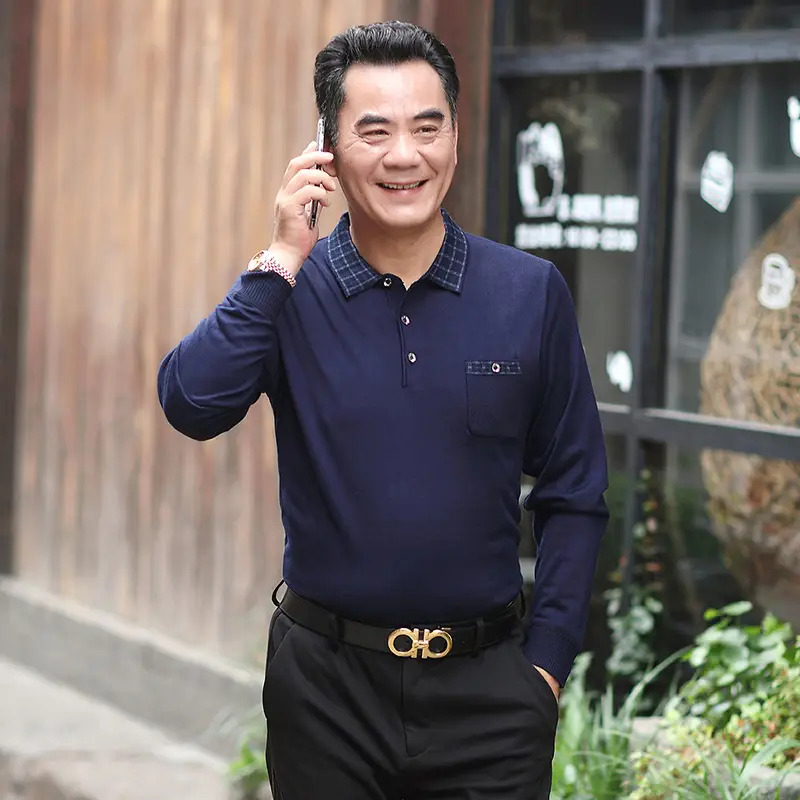 Middle-aged Men Long Sleeve Knitted T-Shirt Blue - Image 3