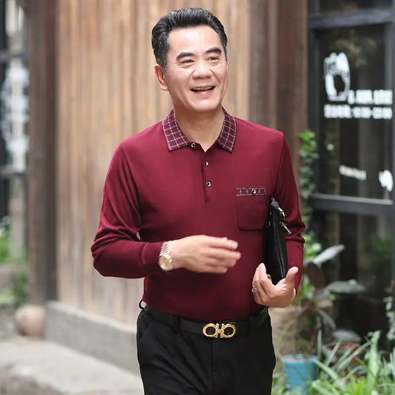 Middle-aged Men Long Sleeve Knitted T-Shirt Blue - Image 4