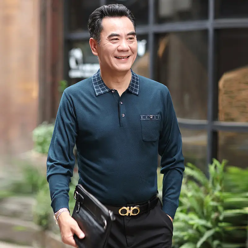 Middle-aged Men Long Sleeve Knitted T-Shirt Blue - Image 5