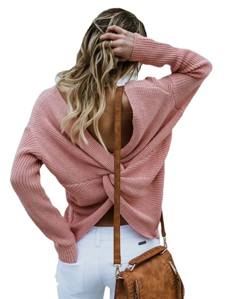 White Long Sleeve Knitted V-Neck Top for Women - Image 26