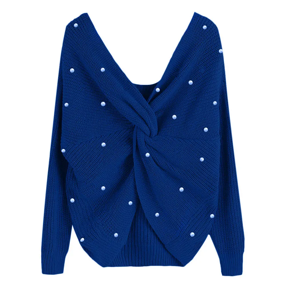 White Long Sleeve Knitted V-Neck Top for Women - Image 13