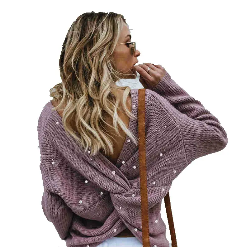 White Long Sleeve Knitted V-Neck Top for Women - Image 18