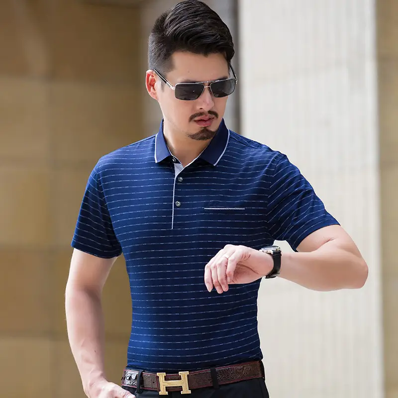 Men Striped Cotton Polo T-Shirt Short Sleeve - Image 4